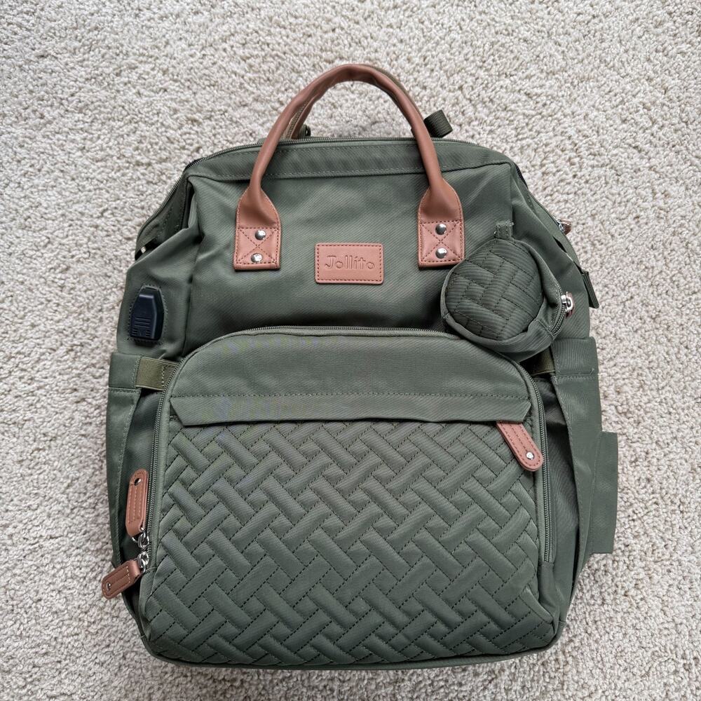 Jollito Green Nylon Diaper Bag Backpack USB Quilted Baby Travel Work Bag Large